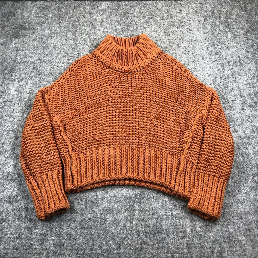 Free People Sweater Womens S Orange Chunky Knit Cropped Turtleneck Pullover Cozy
